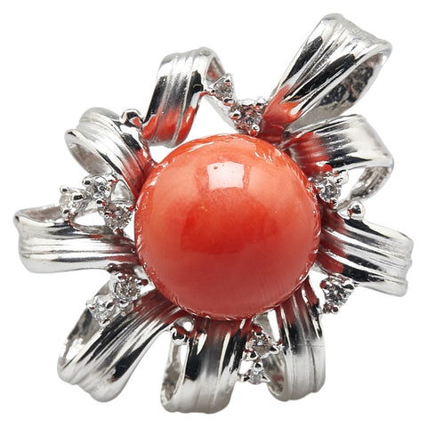 K18WG ホワイトゴールド サンゴ12.5mm ダイヤ0.20ct ペンダントトップ レディース 【中古】