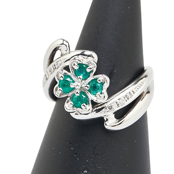 Pt900 プラチナ エメラルド ダイヤ0.04ct 四つ葉 クローバー モチーフ リング 指輪 レディース 11号 【中古】