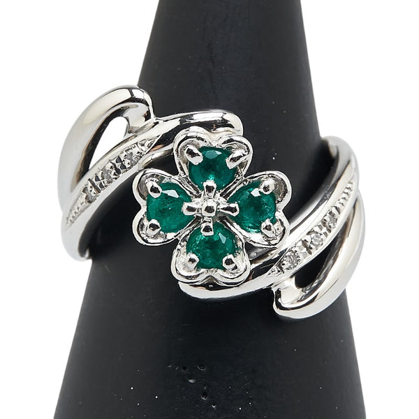 Pt900 プラチナ エメラルド ダイヤ0.04ct 四つ葉 クローバー モチーフ リング 指輪 レディース 11号 【中古】
