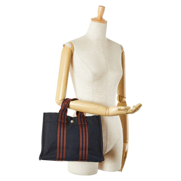 エルメス フールトゥPM ハンドバッグ トートバッグ ネイビー ブラウン キャンバス レディース HERMES 【中古】