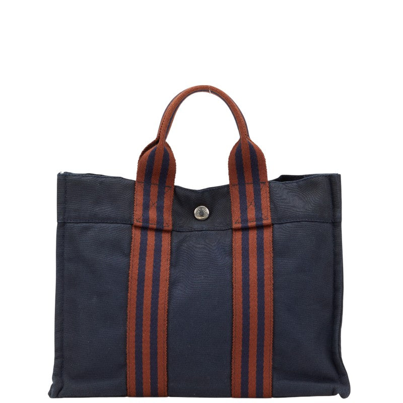 エルメス フールトゥPM ハンドバッグ トートバッグ ネイビー ブラウン キャンバス レディース HERMES 【中古】
