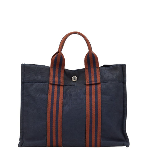 エルメス フールトゥPM ハンドバッグ トートバッグ ネイビー ブラウン キャンバス レディース HERMES 【中古】