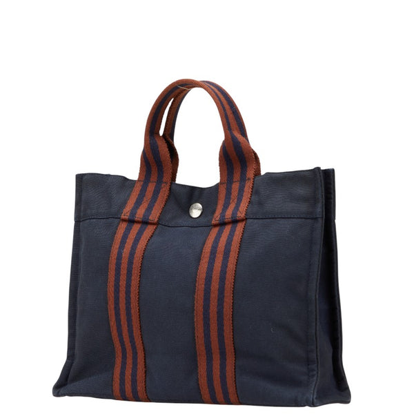 エルメス フールトゥPM ハンドバッグ トートバッグ ネイビー ブラウン キャンバス レディース HERMES 【中古】