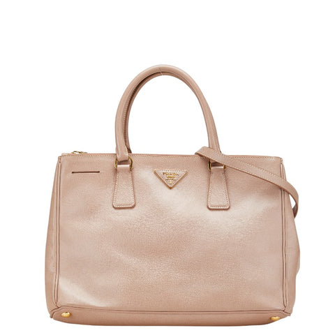 プラダ ガレリア 三角ロゴプレート ハンドバッグ ショルダーバッグ 2WAY ピンクベージュ レザー レディース PRADA 【中古】