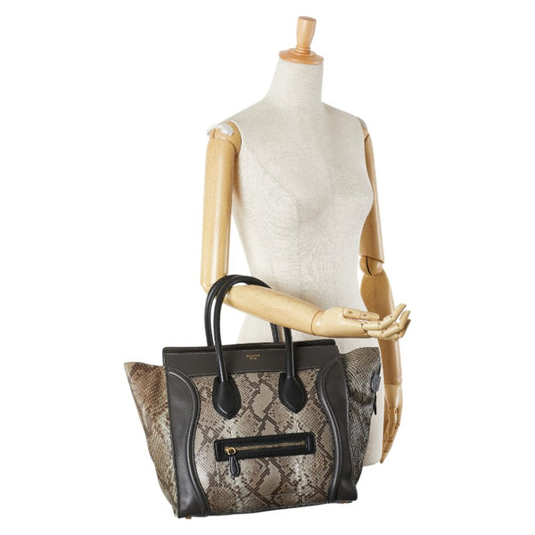 セリーヌ ラゲージ ミニショッパー パイソン ハンドバッグ カーキ ブラウン ブラック レザー レディース CELINE 【中古】