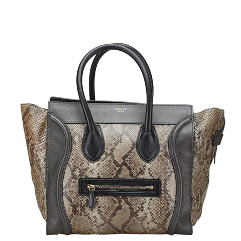 セリーヌ ラゲージ ミニショッパー パイソン ハンドバッグ カーキ ブラウン ブラック レザー レディース CELINE 【中古】