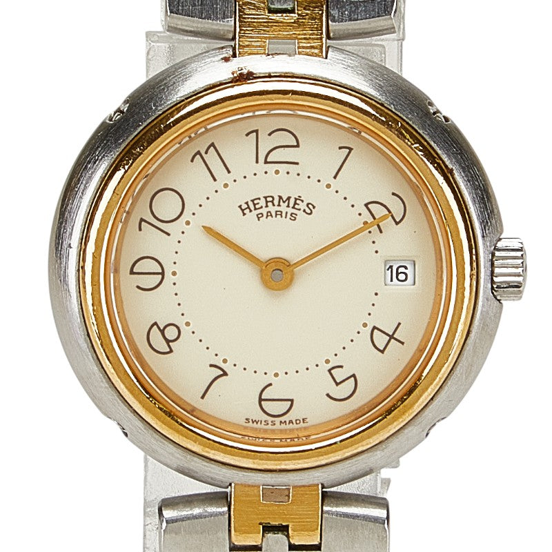エルメス プロフィール 腕時計 クオーツ ベージュ文字盤 ステンレススチール メッキ レディース HERMES 【中古】
