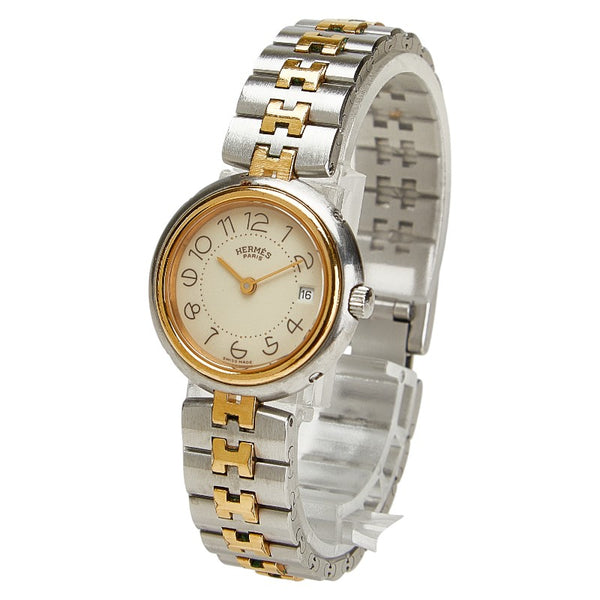 エルメス プロフィール 腕時計 クオーツ ベージュ文字盤 ステンレススチール メッキ レディース HERMES 【中古】
