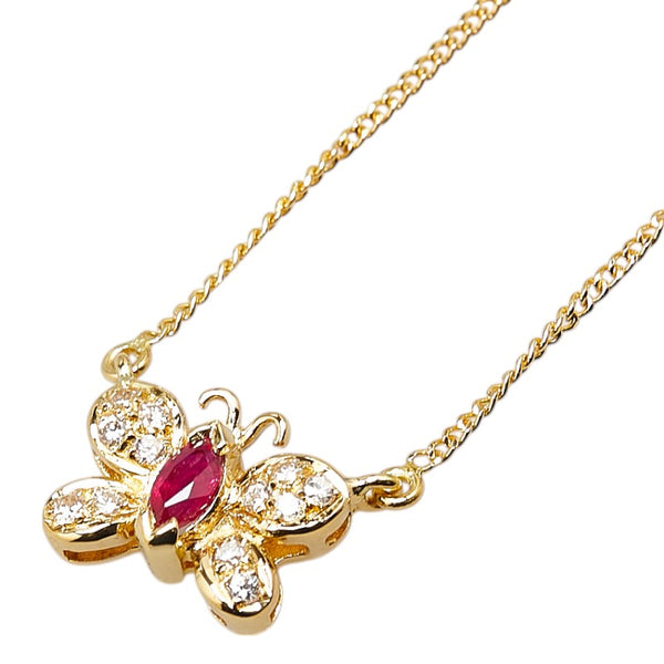 K18YG イエローゴールド ルビー ダイヤ0.13ct 蝶 パピヨン バタフライ モチーフ ペンダントネックレス レディース 【中古】