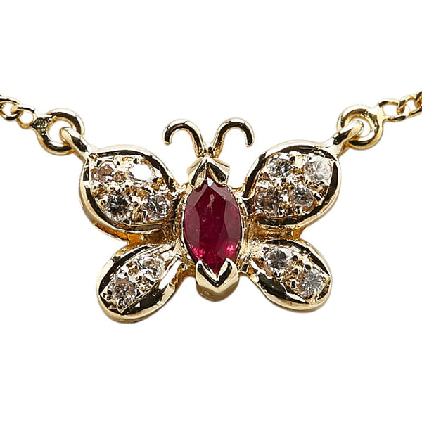 K18YG イエローゴールド ルビー ダイヤ0.13ct 蝶 パピヨン バタフライ モチーフ ペンダントネックレス レディース 【中古】