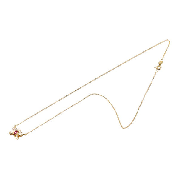 K18YG イエローゴールド ルビー ダイヤ0.13ct 蝶 パピヨン バタフライ モチーフ ペンダントネックレス レディース 【中古】