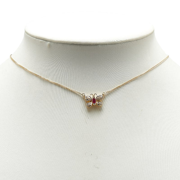 K18YG イエローゴールド ルビー ダイヤ0.13ct 蝶 パピヨン バタフライ モチーフ ペンダントネックレス レディース 【中古】