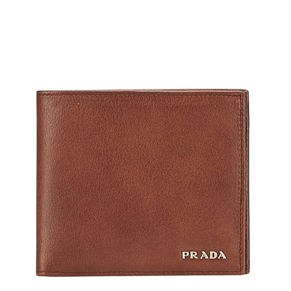 プラダ ロゴ金具 二つ折り財布 ブラウン レザー レディース PRADA 【中古】