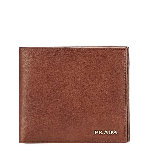 プラダ ロゴ金具 二つ折り財布 ブラウン レザー レディース PRADA 【中古】