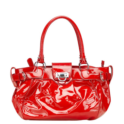 サルヴァトーレフェラガモ ガンチーニ ハンドバッグ AB-21 A050 レッド エナメル レディース Salvatore Ferragamo 【中古】