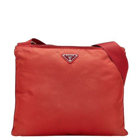 プラダ 三角ロゴプレート 斜め掛け ショルダーバッグ レッド ナイロン レディース PRADA 【中古】