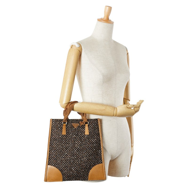 プラダ 三角ロゴプレート ハンドバッグ ブラウン マルチカラー ウール レザー レディース PRADA 【中古】