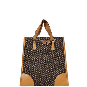 プラダ 三角ロゴプレート ハンドバッグ ブラウン マルチカラー ウール レザー レディース PRADA 【中古】