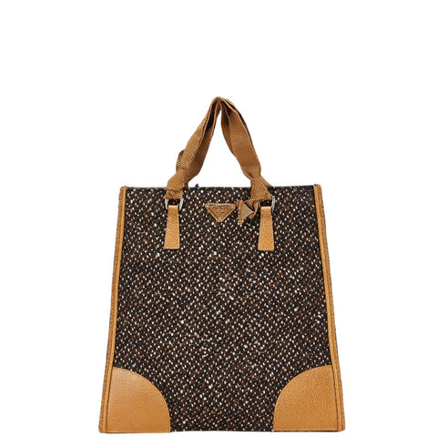 プラダ 三角ロゴプレート ハンドバッグ ブラウン マルチカラー ウール レザー レディース PRADA 【中古】