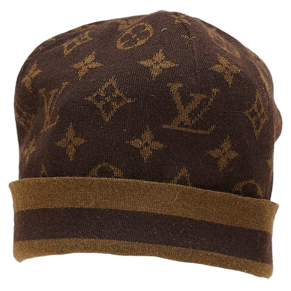 ルイ ヴィトン モノグラム ニット帽 ニットキャップ 帽子 ブラウン カシミヤ シルク レディース LOUIS VUITTON 【中古】