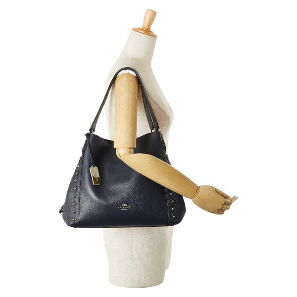 コーチ フラワー 花 スタッズ ハンドバッグ トートバッグ ネイビー ブラック レザー レディース COACH 【中古】