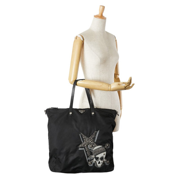 プラダ ドクロ スカル スタッズ ハンドバッグ トートバッグ  ブラック ナイロン レザー レディース PRADA 【中古】