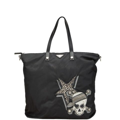 プラダ ドクロ スカル スタッズ ハンドバッグ トートバッグ  ブラック ナイロン レザー レディース PRADA 【中古】