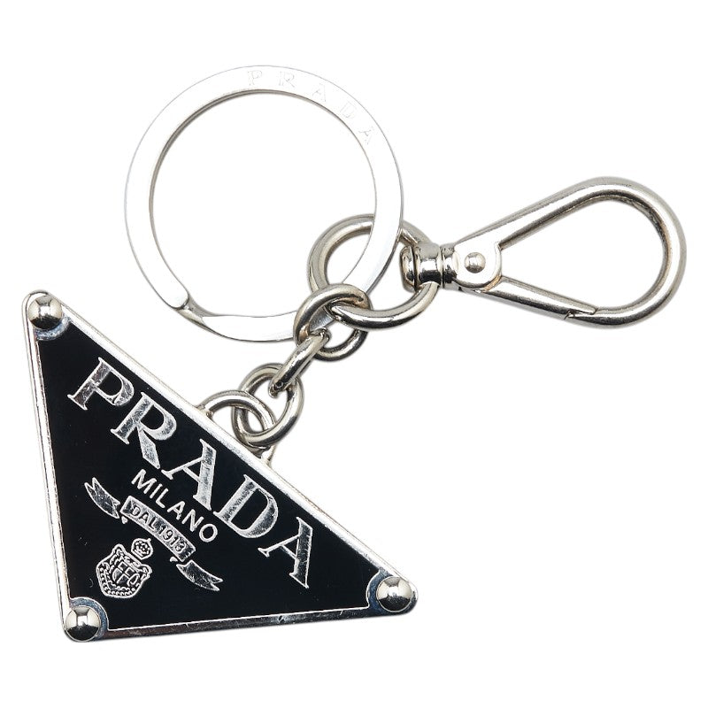 プラダ 三角ロゴプレート キーホルダー キーリング チャーム シルバー ブラック メタル レディース PRADA 【中古】