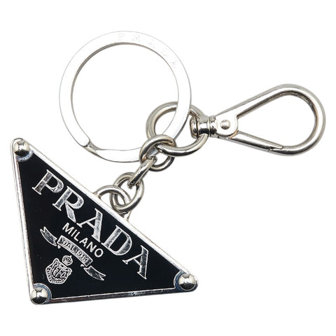 プラダ 三角ロゴプレート キーホルダー キーリング チャーム シルバー ブラック メタル レディース PRADA 【中古】