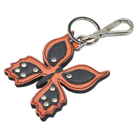 プラダ バタフライ 蝶 モチーフ キーホルダー キーリング オレンジ ブラック シルバー レザー メタル レディース PRADA 【中古】