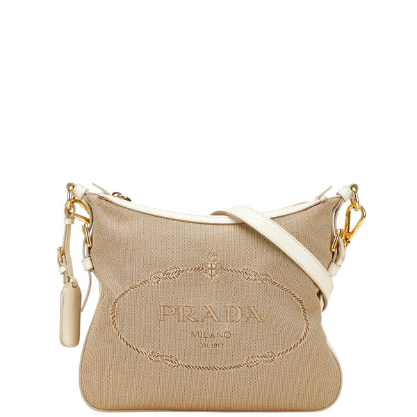プラダ 斜め掛け ショルダーバッグ ベージュ アイボリー キャンバス レザー レディース PRADA 【中古】