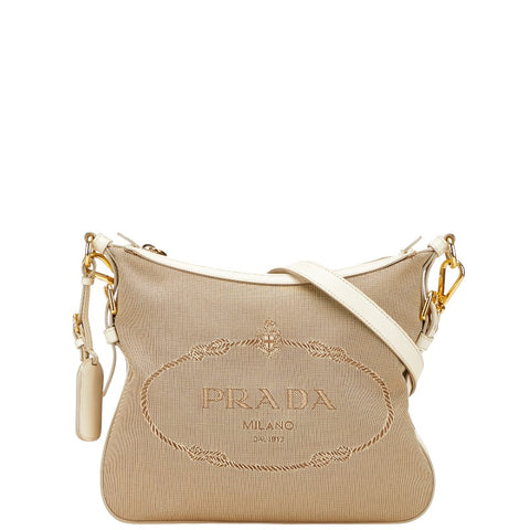 プラダ 斜め掛け ショルダーバッグ ベージュ アイボリー キャンバス レザー レディース PRADA 【中古】