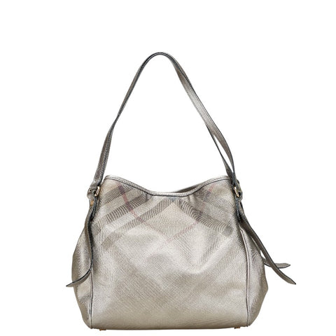 バーバリー チェック トートバッグ ショルダーバッグ グレー PVC レザー レディース BURBERRY 【中古】