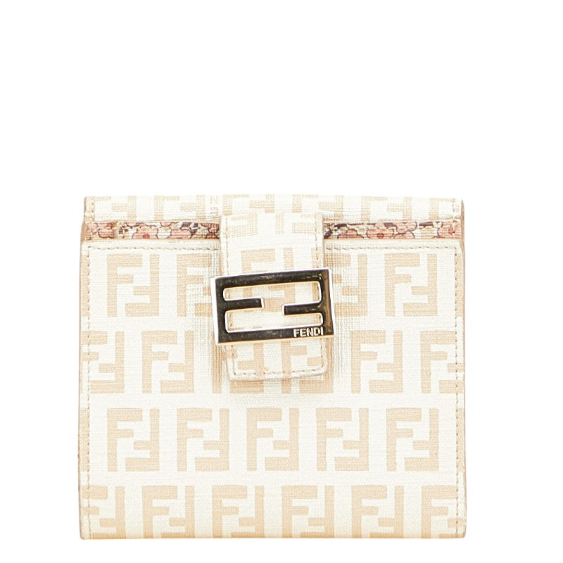 フェンディ ズッキーノ 二つ折り財布 アイボリー ベージュ PVC レザー レディース FENDI 【中古】