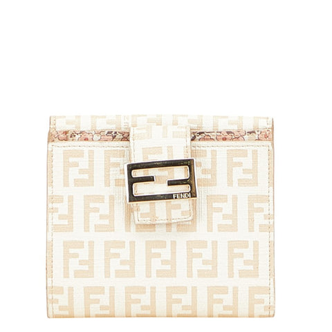 フェンディ ズッキーノ 二つ折り財布 アイボリー ベージュ PVC レザー レディース FENDI 【中古】