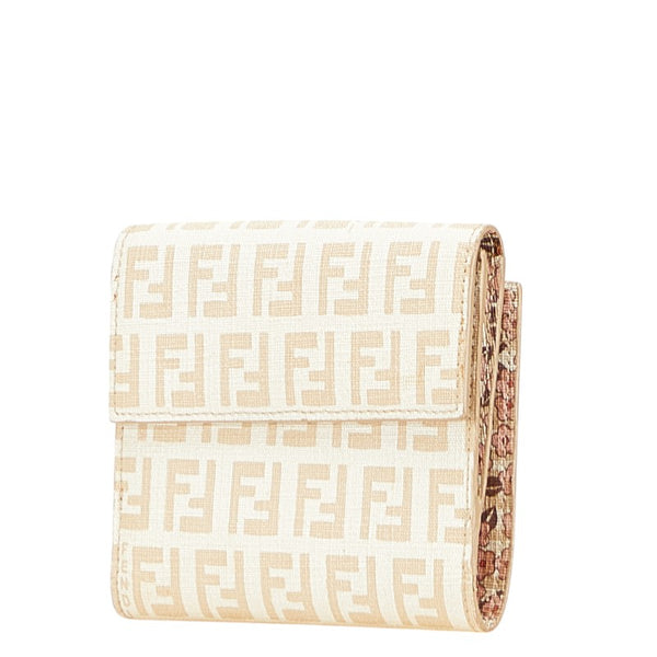 フェンディ ズッキーノ 二つ折り財布 アイボリー ベージュ PVC レザー レディース FENDI 【中古】