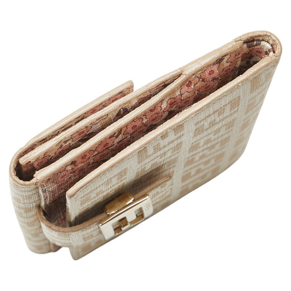 フェンディ ズッキーノ 二つ折り財布 アイボリー ベージュ PVC レザー レディース FENDI 【中古】