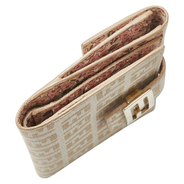 フェンディ ズッキーノ 二つ折り財布 アイボリー ベージュ PVC レザー レディース FENDI 【中古】