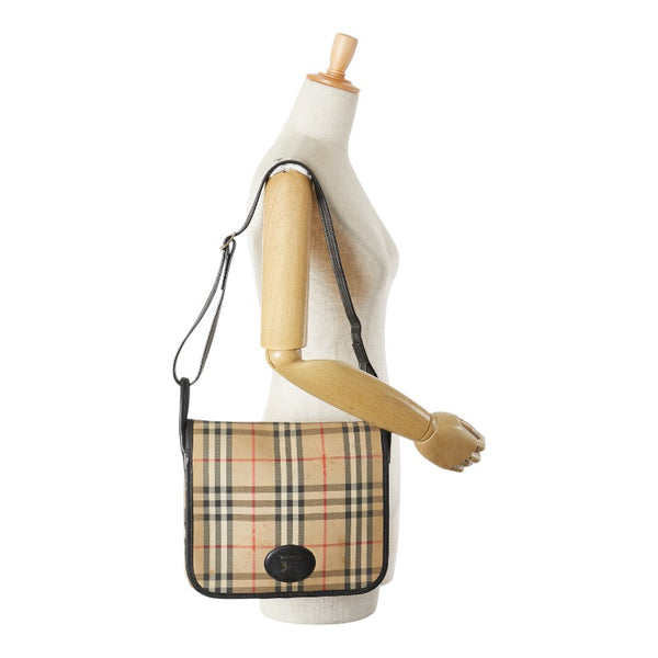 バーバリー ノバチェック シャドーホース ショルダーバッグ ベージュ ブラック レッド キャンバス レザー レディース BURBERRY 【中古】