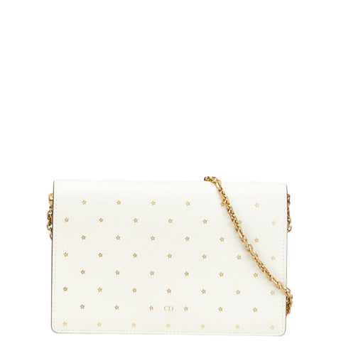 ディオール CDロゴ 星 スター モチーフ チェーンウォレット ショルダーバッグ ホワイト ゴールド レザー レディース Dior 【中古】