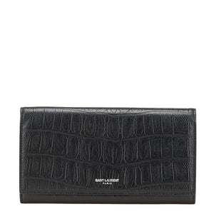 サンローラン クロコ型押し 長財布 ブラック レザー レディース SAINT LAURENT 【中古】