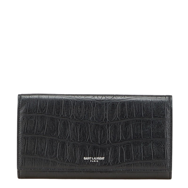 サンローラン クロコ型押し 長財布 ブラック レザー レディース SAINT LAURENT 【中古】