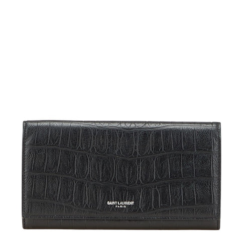 サンローラン クロコ型押し 長財布 ブラック レザー レディース SAINT LAURENT 【中古】