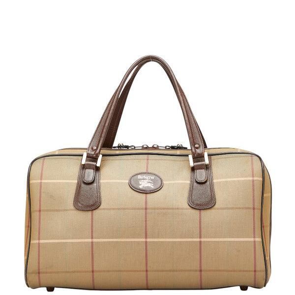 バーバリー チェック ボストンバッグ トラベルバッグ  カーキグリーン ブラウン キャンバス レザー レディース BURBERRY 【中古】