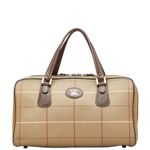 バーバリー チェック ボストンバッグ トラベルバッグ  カーキグリーン ブラウン キャンバス レザー レディース BURBERRY 【中古】