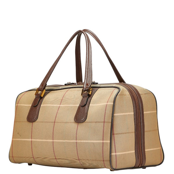 バーバリー チェック ボストンバッグ トラベルバッグ  カーキグリーン ブラウン キャンバス レザー レディース BURBERRY 【中古】
