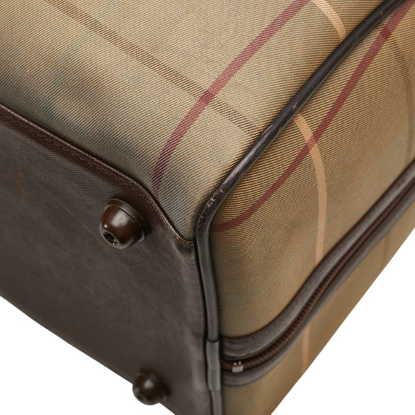 バーバリー チェック ボストンバッグ トラベルバッグ  カーキグリーン ブラウン キャンバス レザー レディース BURBERRY 【中古】