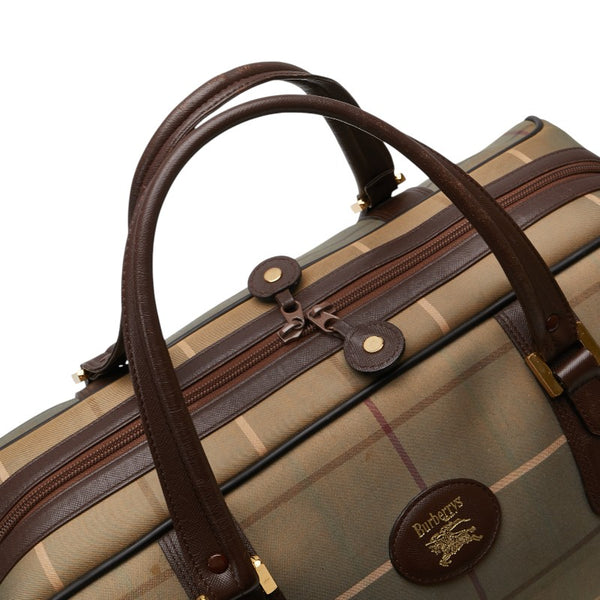 バーバリー チェック ボストンバッグ トラベルバッグ  カーキグリーン ブラウン キャンバス レザー レディース BURBERRY 【中古】