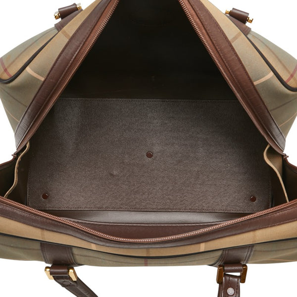 バーバリー チェック ボストンバッグ トラベルバッグ  カーキグリーン ブラウン キャンバス レザー レディース BURBERRY 【中古】