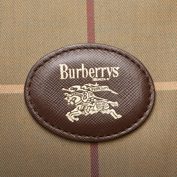 バーバリー チェック ボストンバッグ トラベルバッグ  カーキグリーン ブラウン キャンバス レザー レディース BURBERRY 【中古】